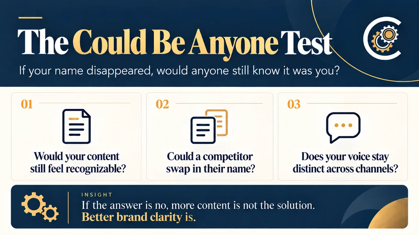 The Could Be Anyone Test — three checks: would your content still feel recognizable, could a competitor swap in their name, and does your voice stay distinct across channels