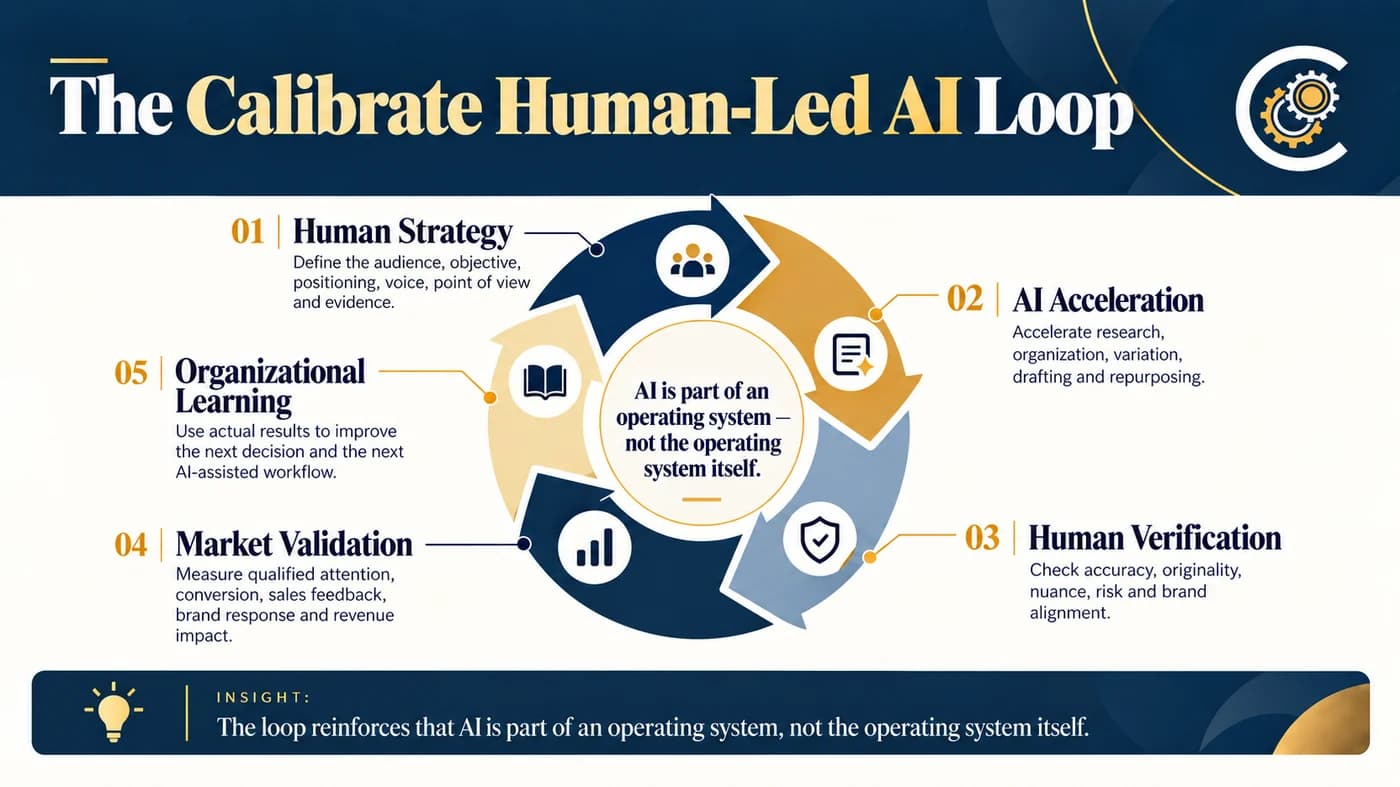 The Calibrate Human-Led AI Loop — a five-stage cycle: human strategy, AI acceleration, human verification, market validation and organizational learning