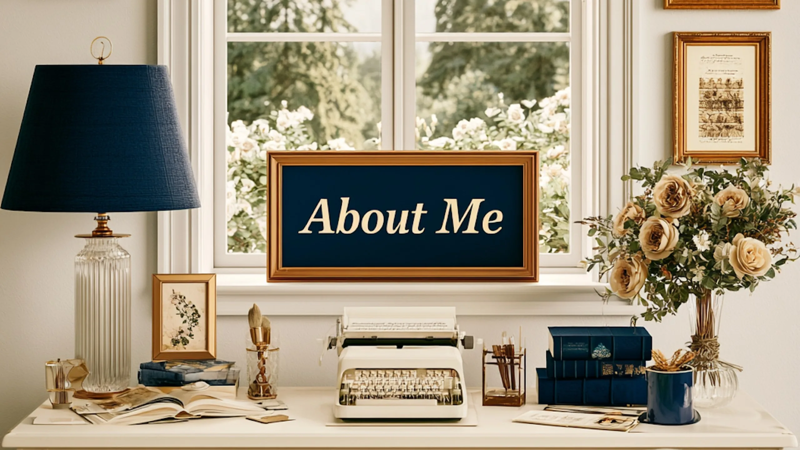 Maria Sweeney's home office — a cream desk with a typewriter, books and flowers beneath a window, with a framed sign reading About Me