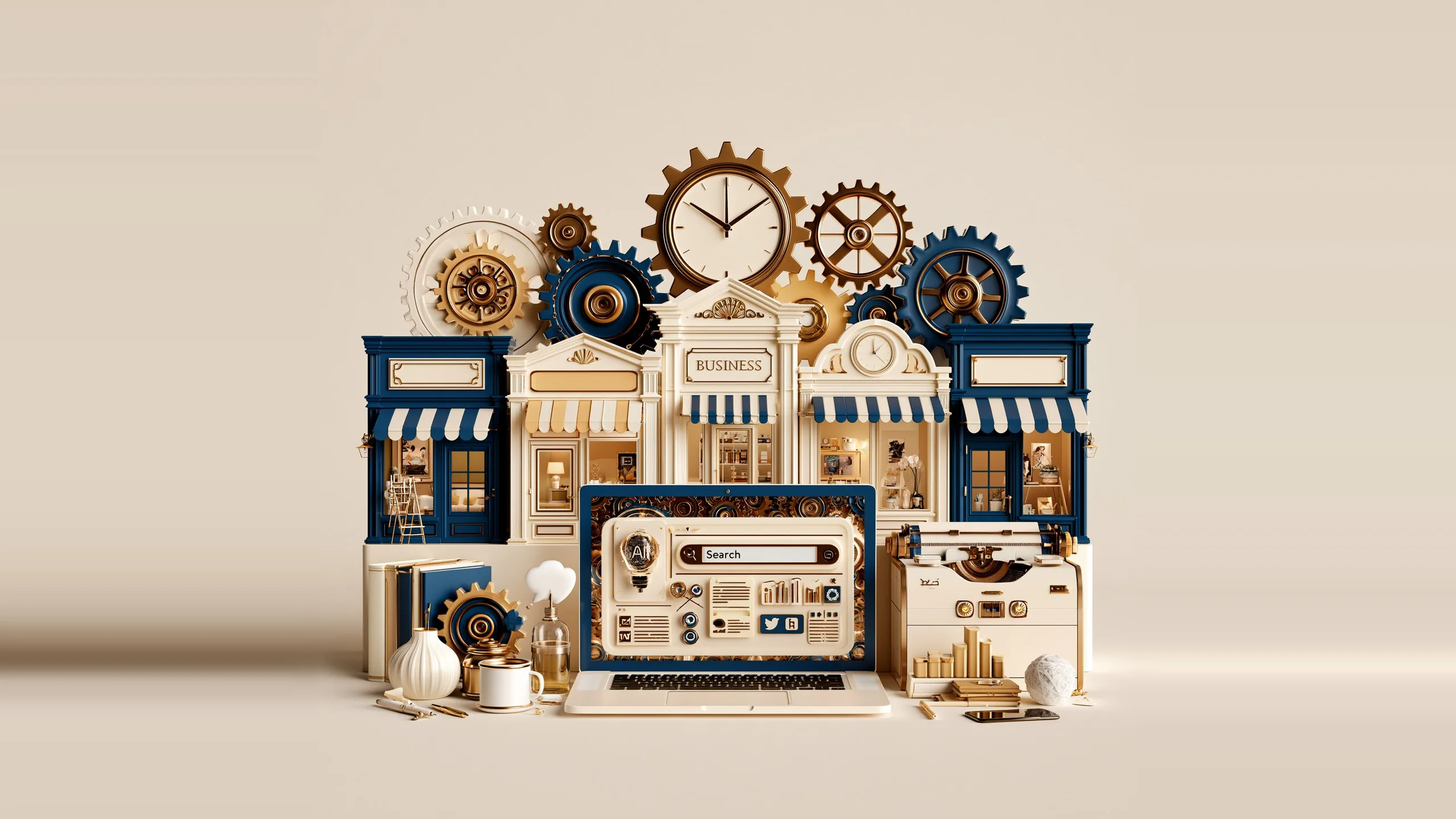 Illustration of a row of storefronts beneath interlocking gears and a clock, with a laptop showing a search bar, representing marketing strategy across a business