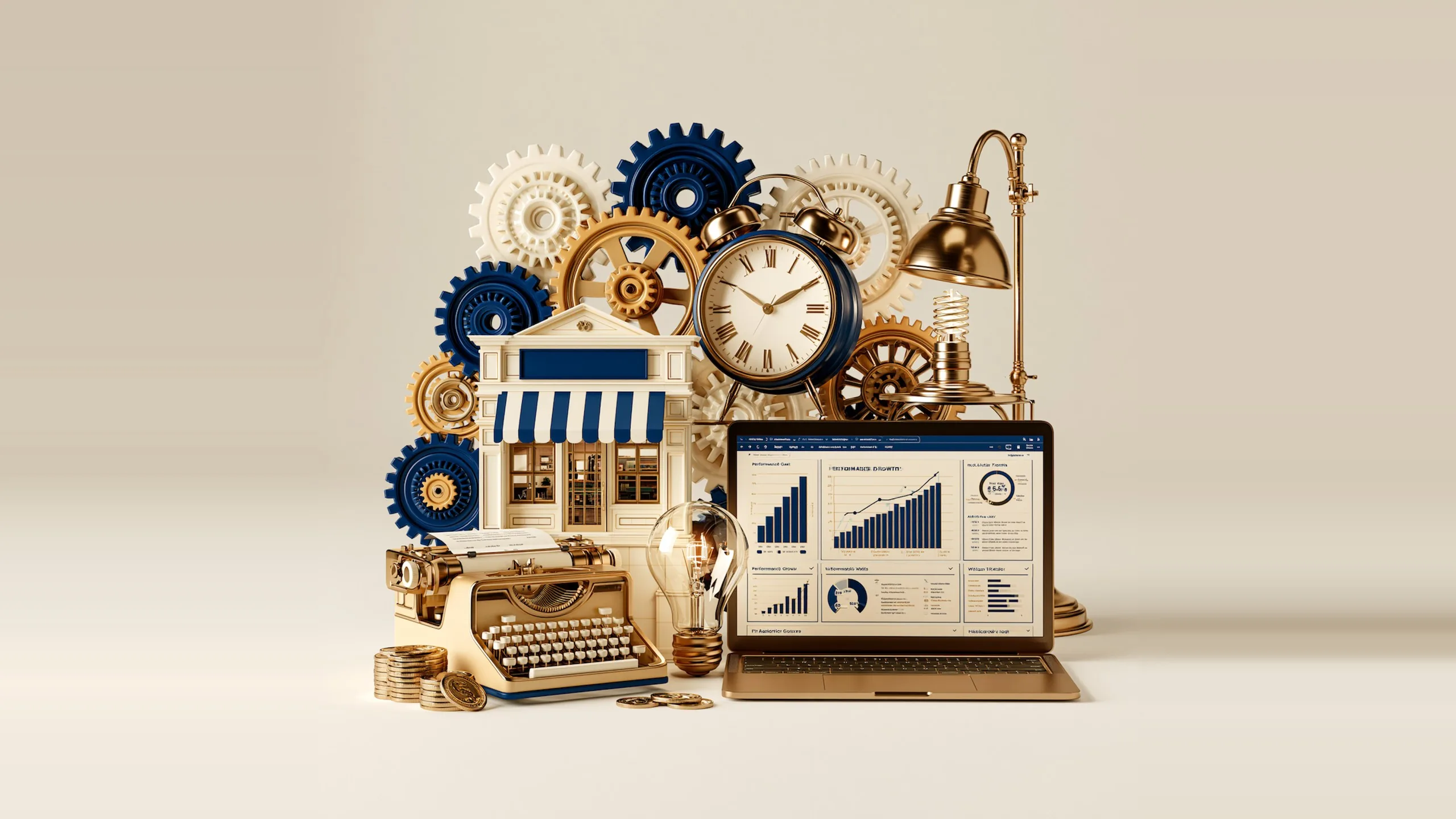 Illustration of interlocking gears, a clock, a storefront and an analytics dashboard, representing marketing strategy working as one system