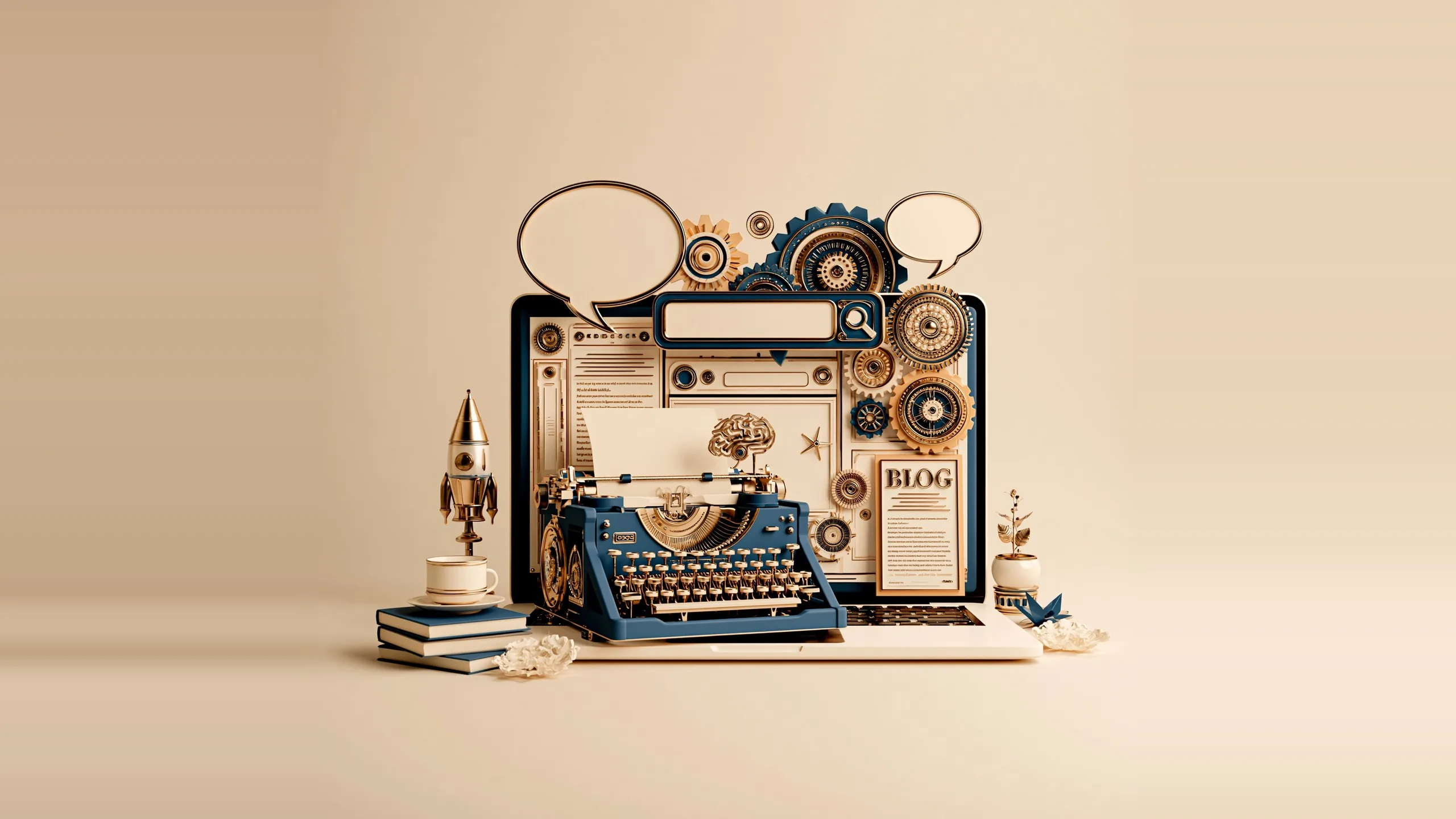 Illustration of a typewriter in front of a laptop showing a blog page, surrounded by gears and speech bubbles