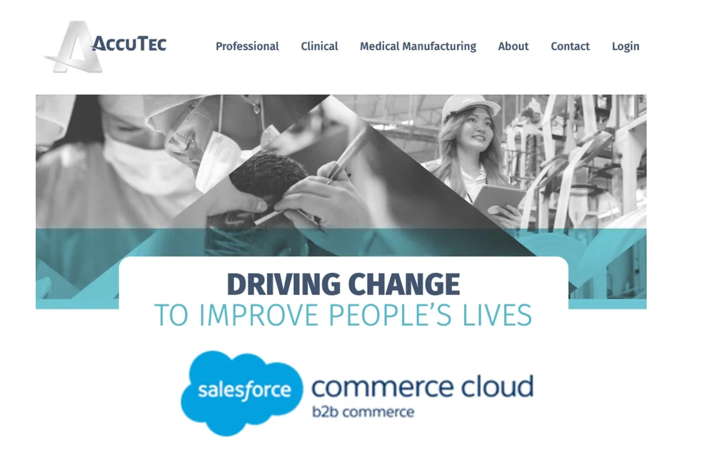AccuTec's B2B e-commerce site, built on Salesforce Commerce Cloud, with the headline “Driving change to improve people's lives”