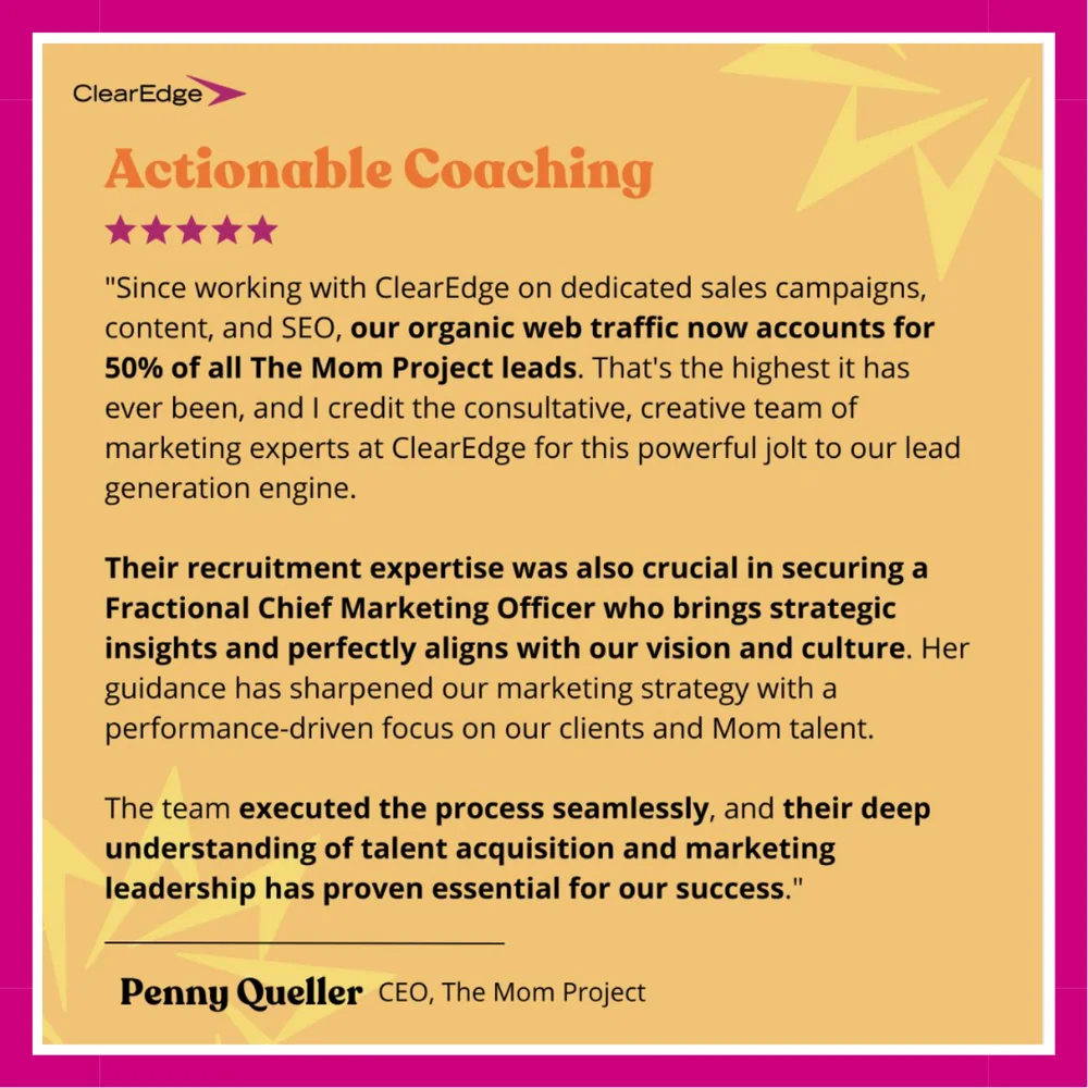 A written client testimonial from ClearEdge describing organic web traffic growth and the fractional CMO engagement